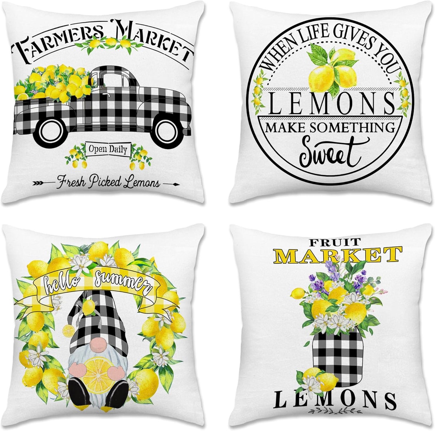 Lemon Farmhouse Pillow Covers 18X18 Set of 4, Summer Outdoor Decorative Buffalo Plaid Throw Pillow Covers, Spring Cushion Case for Couch Sofa Living Room Bedroom Indoor Decor(No Insert)