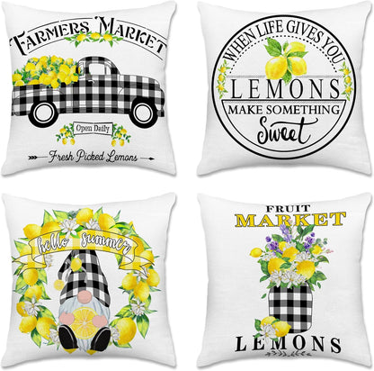 Lemon Farmhouse Pillow Covers 18X18 Set of 4, Summer Outdoor Decorative Buffalo Plaid Throw Pillow Covers, Spring Cushion Case for Couch Sofa Living Room Bedroom Indoor Decor(No Insert)