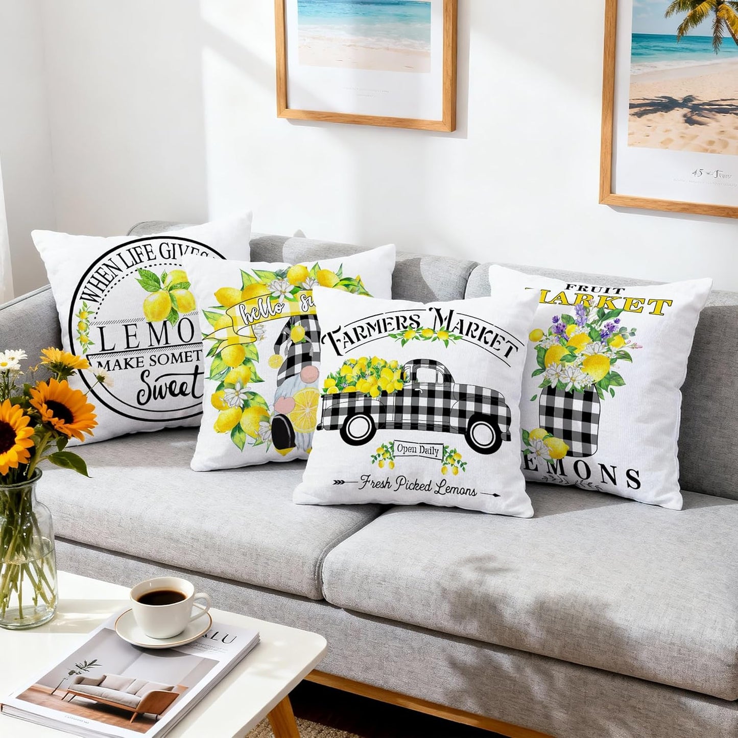Lemon Farmhouse Pillow Covers 18X18 Set of 4, Summer Outdoor Decorative Buffalo Plaid Throw Pillow Covers, Spring Cushion Case for Couch Sofa Living Room Bedroom Indoor Decor(No Insert)