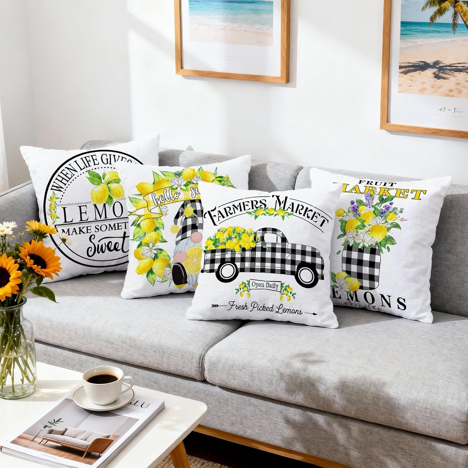 Lemon Farmhouse Pillow Covers 18X18 Set of 4, Summer Outdoor Decorative Buffalo Plaid Throw Pillow Covers, Spring Cushion Case for Couch Sofa Living Room Bedroom Indoor Decor(No Insert)