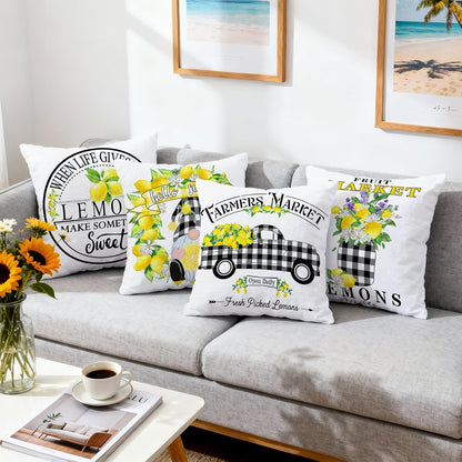 Lemon Farmhouse Pillow Covers 18X18 Set of 4, Summer Outdoor Decorative Buffalo Plaid Throw Pillow Covers, Spring Cushion Case for Couch Sofa Living Room Bedroom Indoor Decor(No Insert)