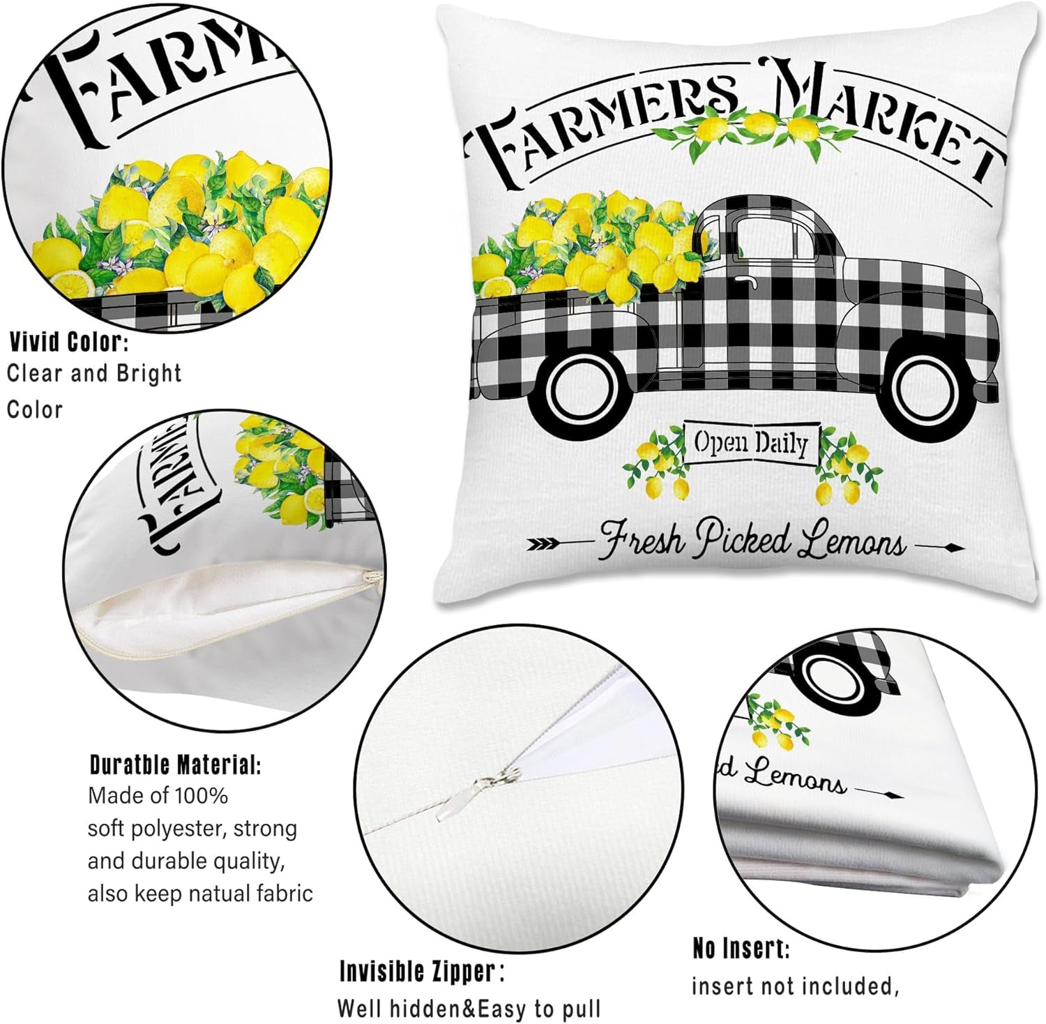 Lemon Farmhouse Pillow Covers 18X18 Set of 4, Summer Outdoor Decorative Buffalo Plaid Throw Pillow Covers, Spring Cushion Case for Couch Sofa Living Room Bedroom Indoor Decor(No Insert)