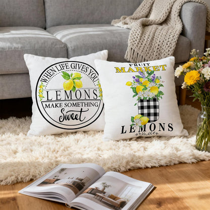 Lemon Farmhouse Pillow Covers 18X18 Set of 4, Summer Outdoor Decorative Buffalo Plaid Throw Pillow Covers, Spring Cushion Case for Couch Sofa Living Room Bedroom Indoor Decor(No Insert)