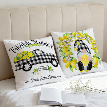 Lemon Farmhouse Pillow Covers 18X18 Set of 4, Summer Outdoor Decorative Buffalo Plaid Throw Pillow Covers, Spring Cushion Case for Couch Sofa Living Room Bedroom Indoor Decor(No Insert)