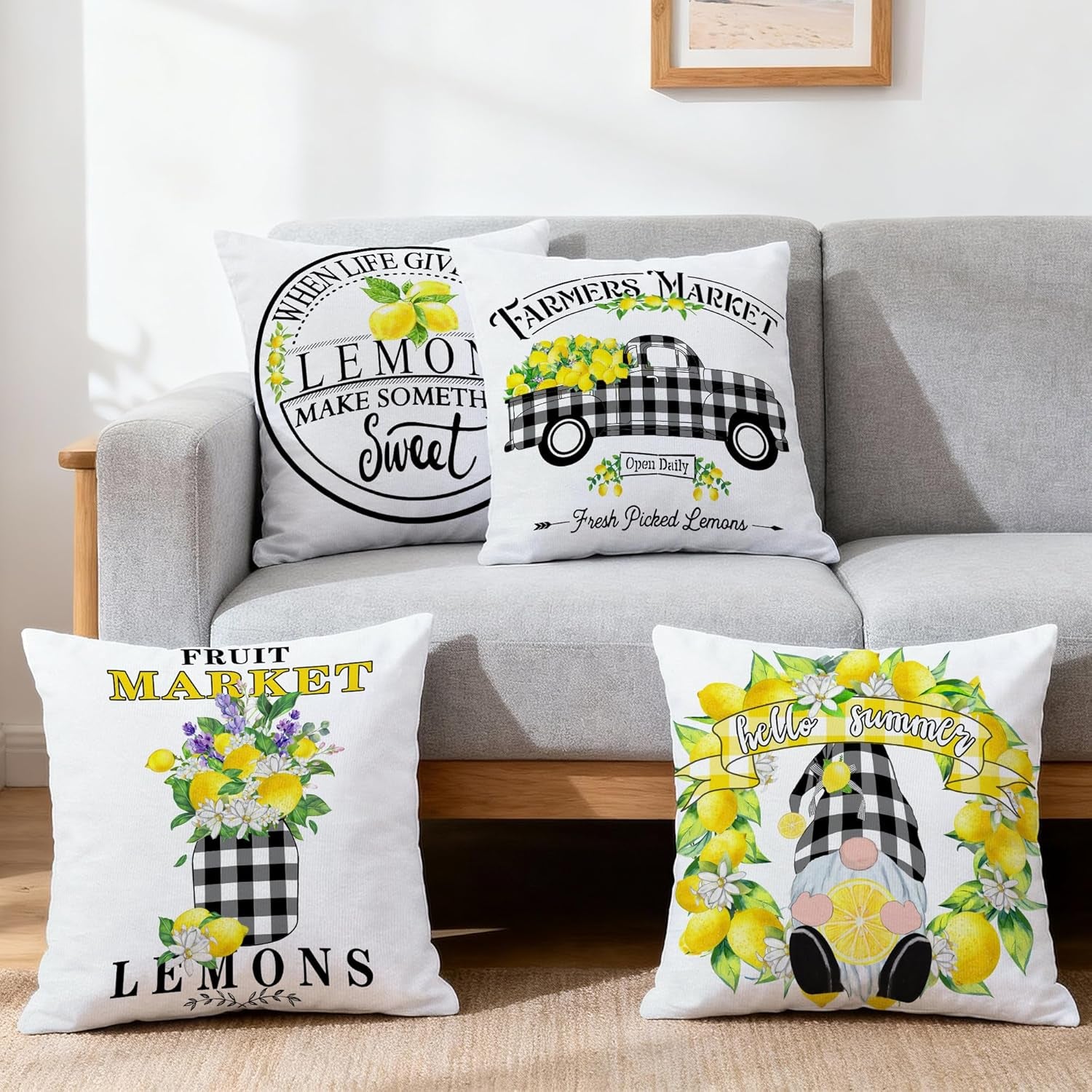 Lemon Farmhouse Pillow Covers 18X18 Set of 4, Summer Outdoor Decorative Buffalo Plaid Throw Pillow Covers, Spring Cushion Case for Couch Sofa Living Room Bedroom Indoor Decor(No Insert)